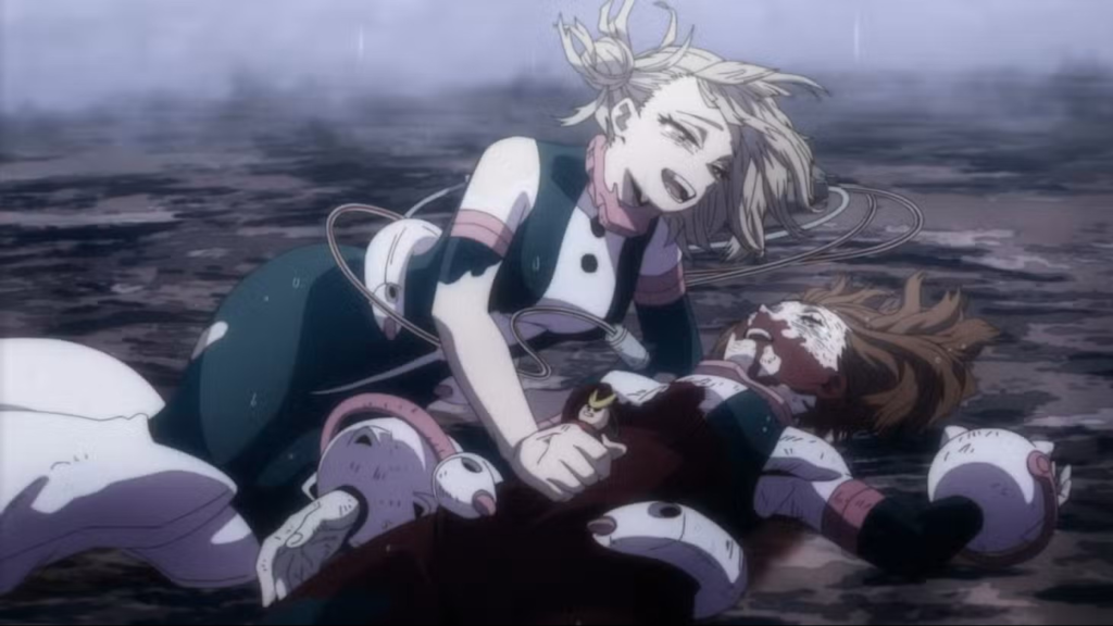 Toga leaning over an injured Ochaco in My Hero Academia