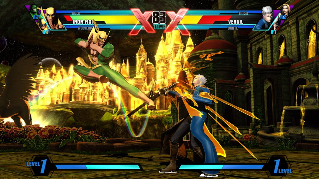 A screenshot from Ultimate Marvel vs. Capcom 3 showing Iron Fist fighting Vergil.