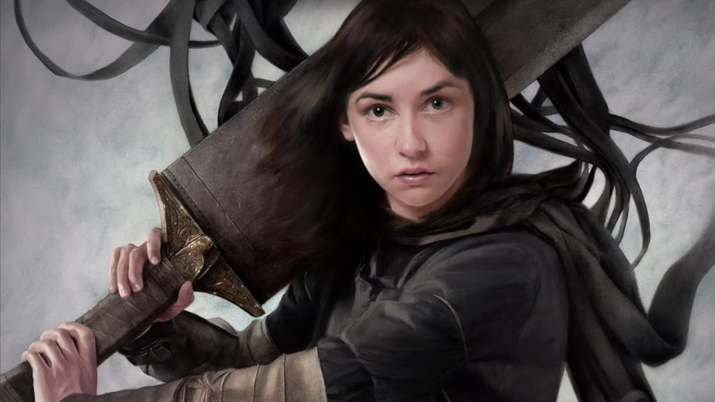 Vin holding a giant sword on the cover of The Well of Ascension