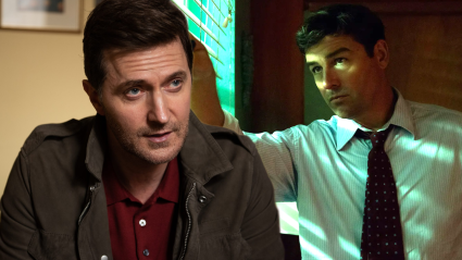 A split image of Richard Armitage in The Stranger and Kyle Chandler in Bloodline