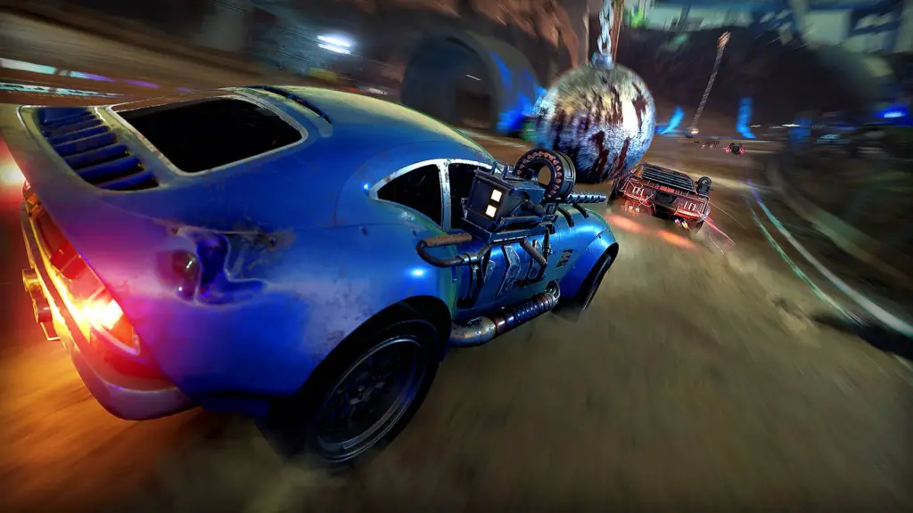 Carmageddon: Rogue Shift blue car racing on dangerous map with a wrecking ball