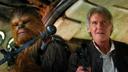 Chewbacca and Han Solo on Millennium Falcon in The Force Awakens