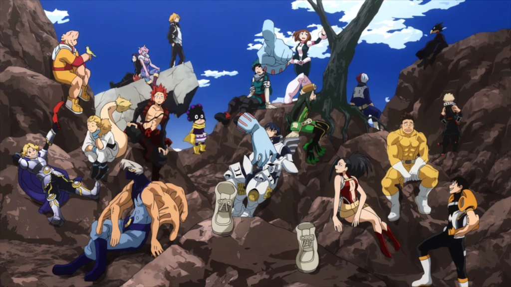 Class 1-A sitting on rocks in My Hero Academia's "Make My Story" opening