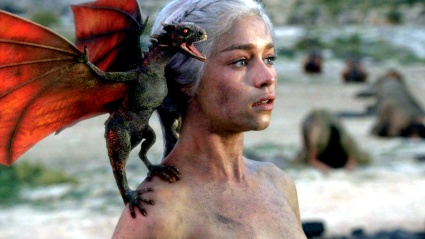 Daenerys Targaryen (Emilia Clarke) with Drogon in Game of Thrones Season 1 finale
