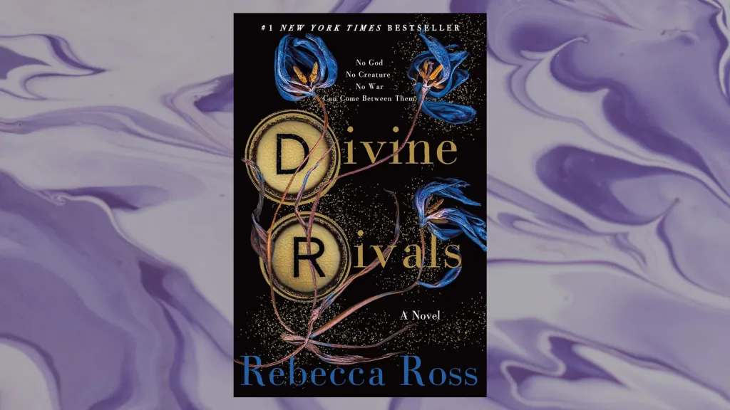 The cover of Divine Rivals against a white and purple background