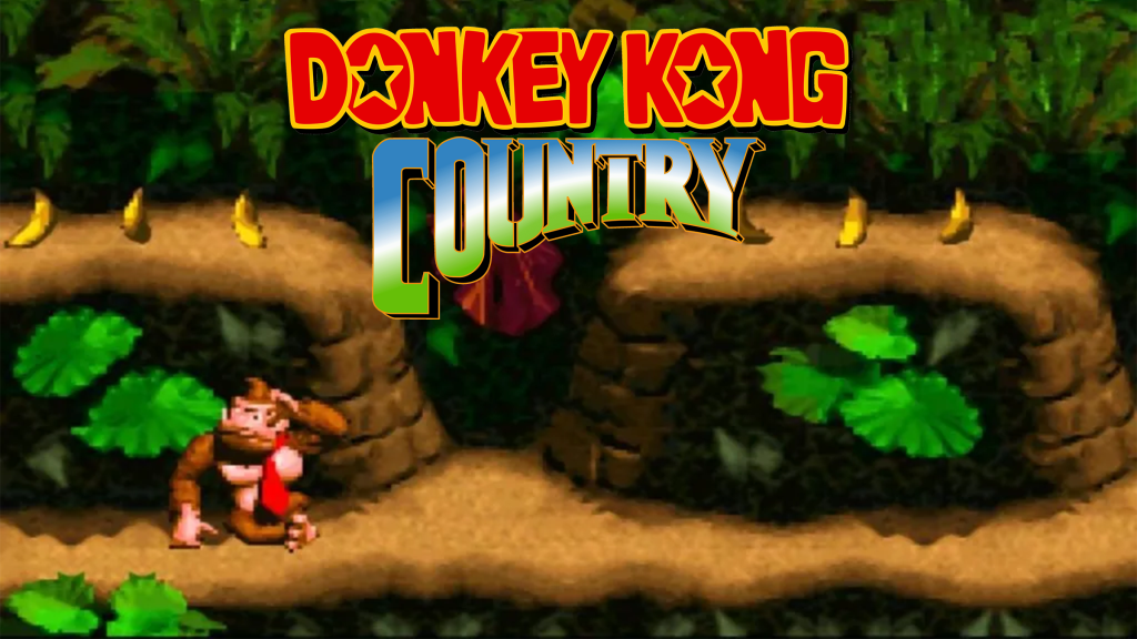 A screenshot from Donkey Kong Country with Donkey Kong sitting on the ground.