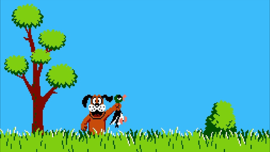 A screenshot from Duck Hunt on the NES.
