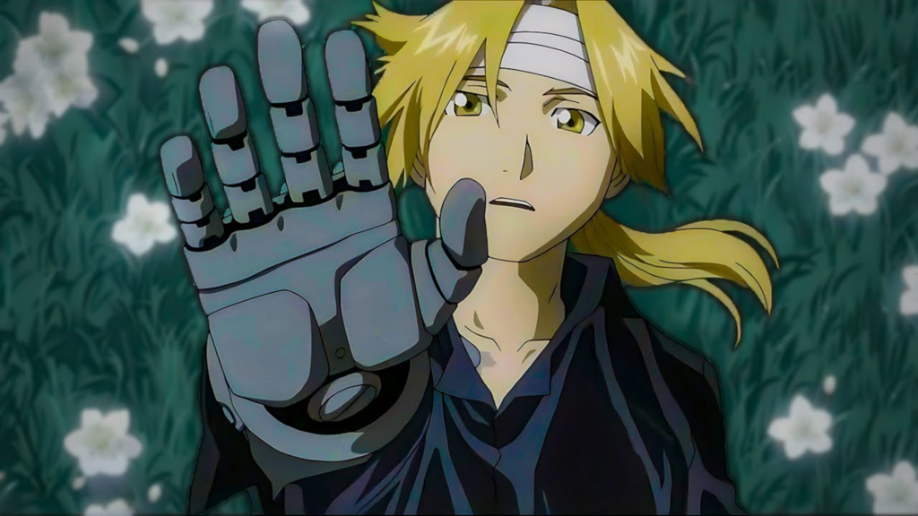 Edward Elric lying in the grass and holding his metal hand out in Fullmetal Alchemist: Brotherhood