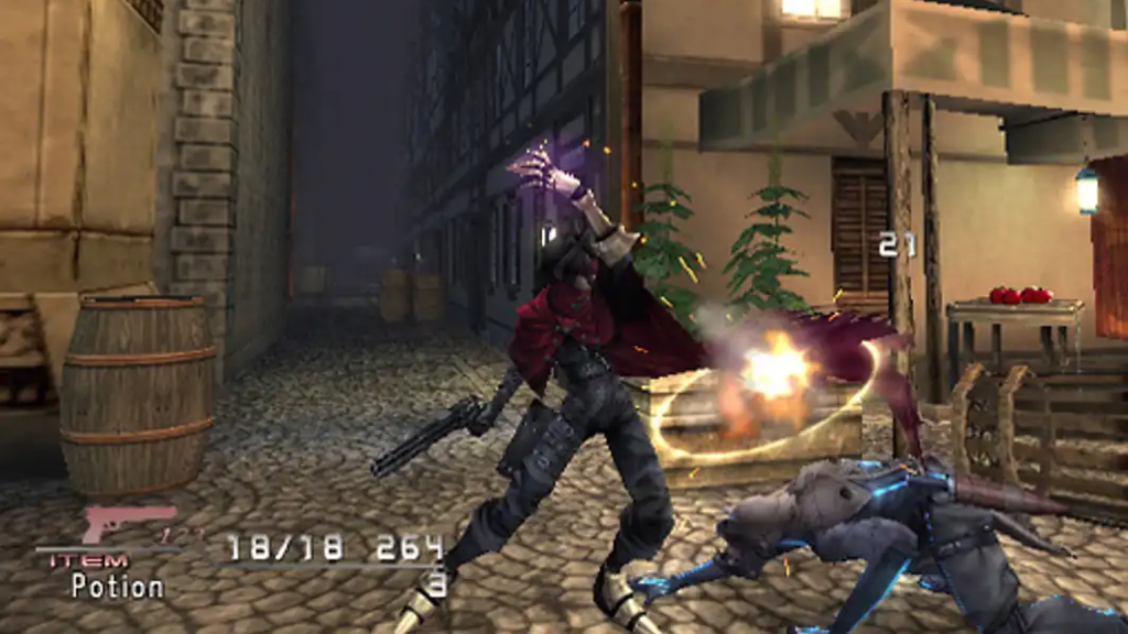Vincent Valentine hitting an enemy in Final Fantasy VII Dirge of Cerberus. 