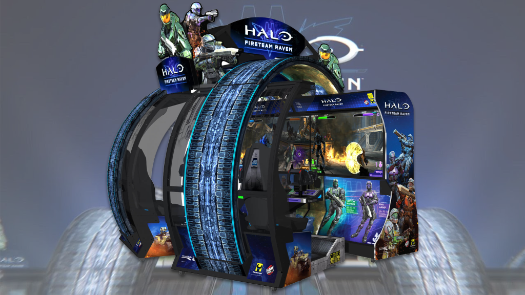 The Halo: Fireteam Raven arcade game cabinet over its intro screen.