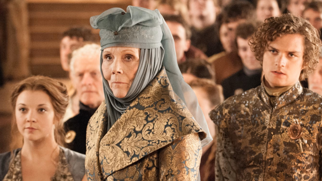 Margaery, Olenna, and Loras Tyrell standing together in Game of Thrones 