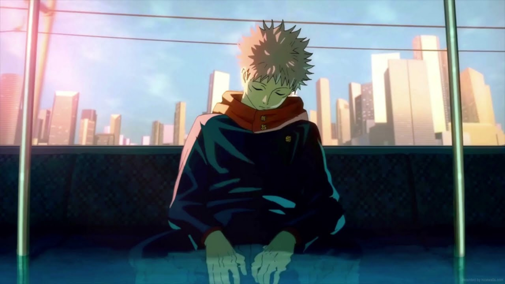 Yuji Itadori sleeping on a train in Jujutsu Kaisen OP 1