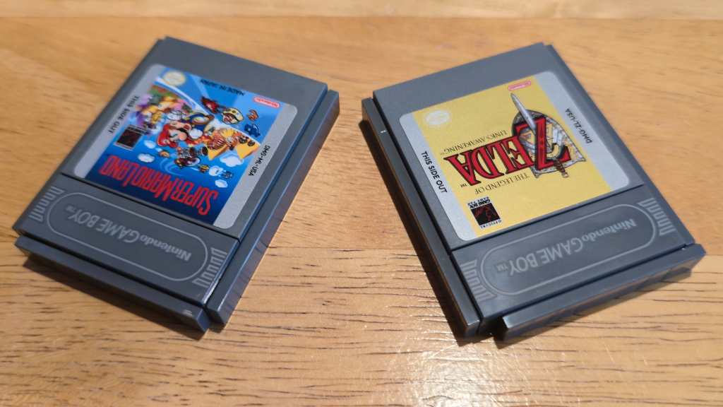 Two LEGO Game Boy cartridges showing the incorrect and correct way to build them.