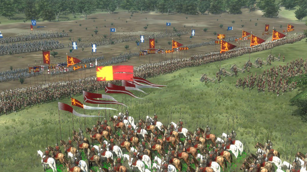 A screenshot from Medieval II: Total War, showing troop movement on the battlefield.