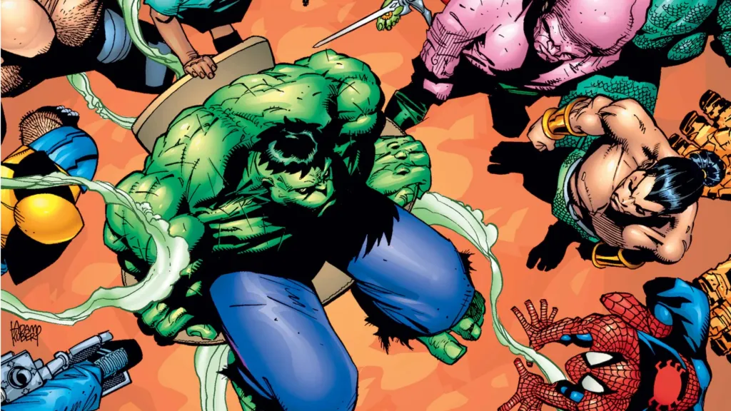 The Hulk surrounded by Wolverine, Spider-Man, Namor, and many of his villains