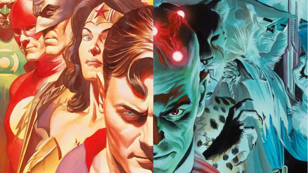 The Justice League next to the Legion of Doom