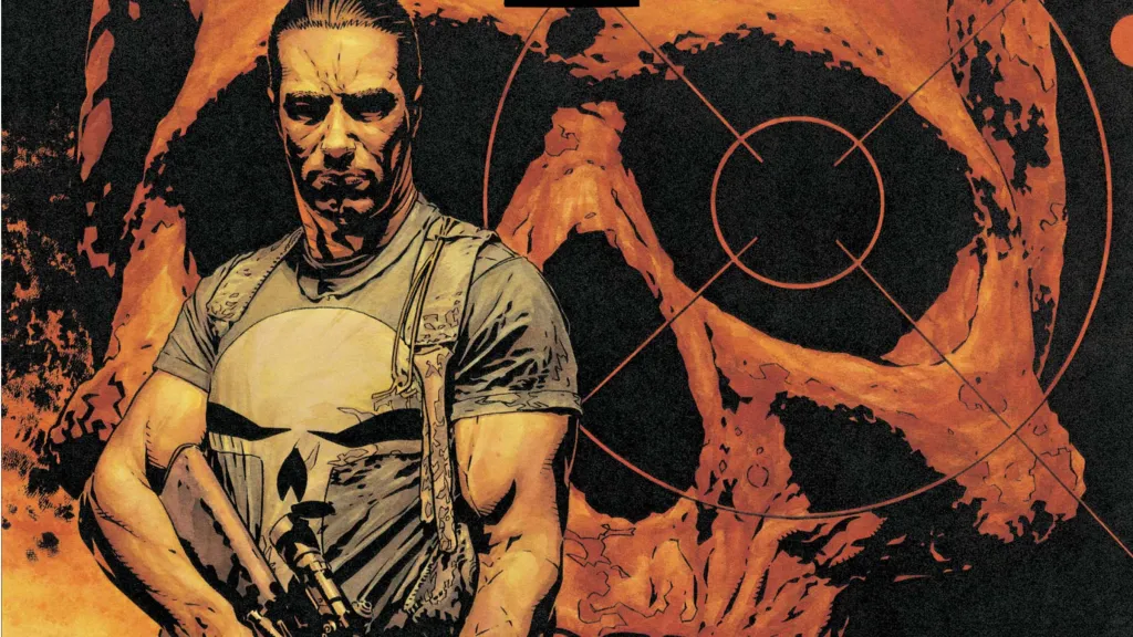 The Punisher holding a rifle standing in front of a skull with a aiming reticle in the eye