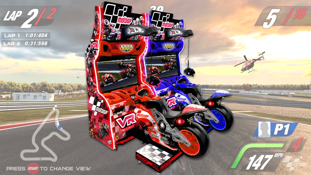 The MotoGP VR arcade console over a screenshot from the game.