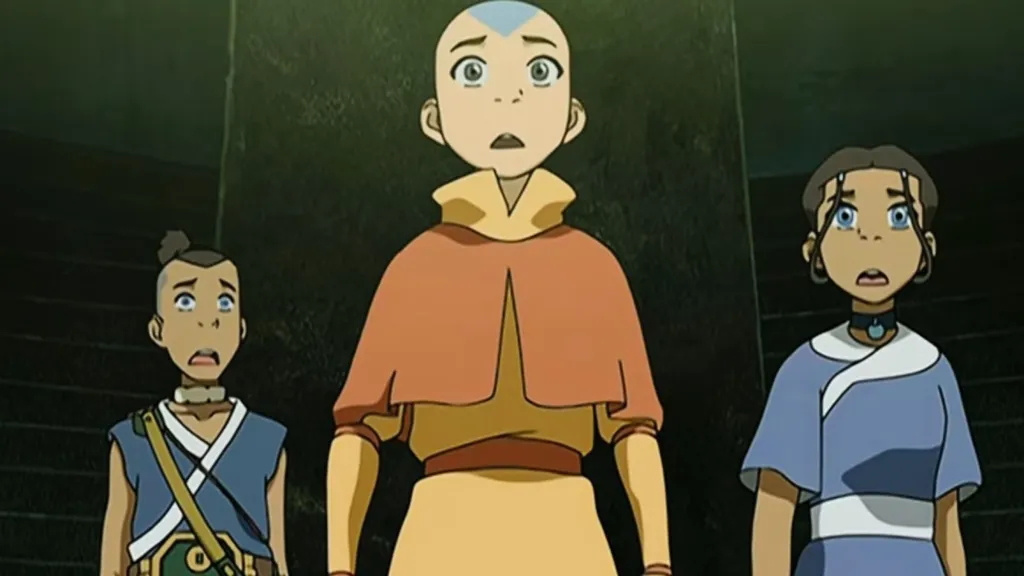 Sokka, Aang, and Katara looking shocked in Avatar: The Last Airbender