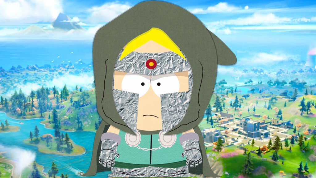 Professor Chaos from South Park standing before the Fortnite map.