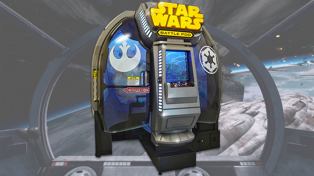 A screenshot of the Star Wars Battle Pod arcade cabinet over a screenshot from the game.