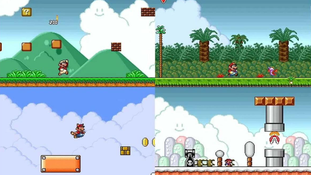 A screenshot from each of the four games included in Super Mario All-Stars on the SNES.