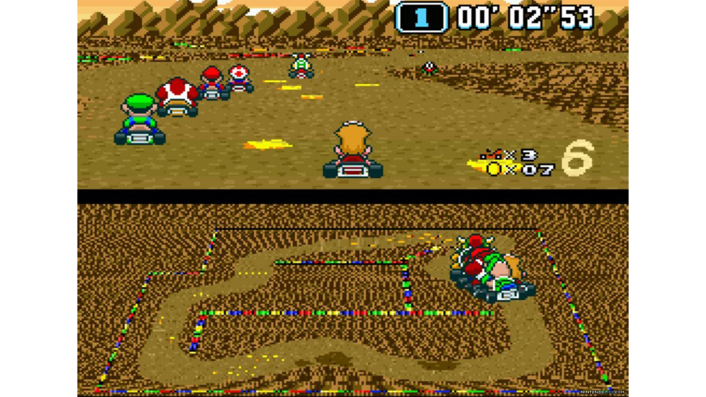 A screenshot from Super Mario Kart on the SNES.