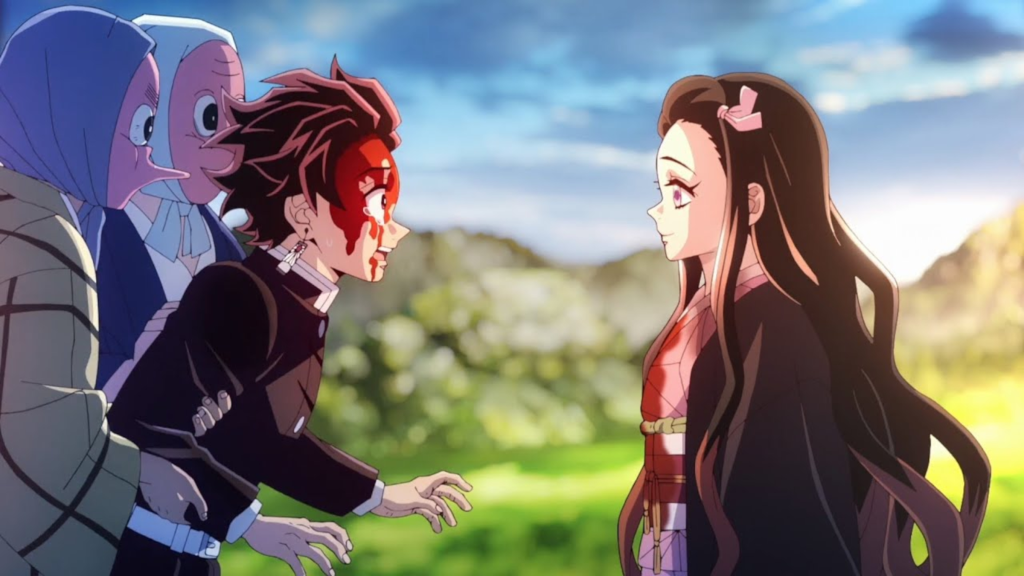 Tanjiro bloody and staring shocked at Nezuko in Demon Slayer