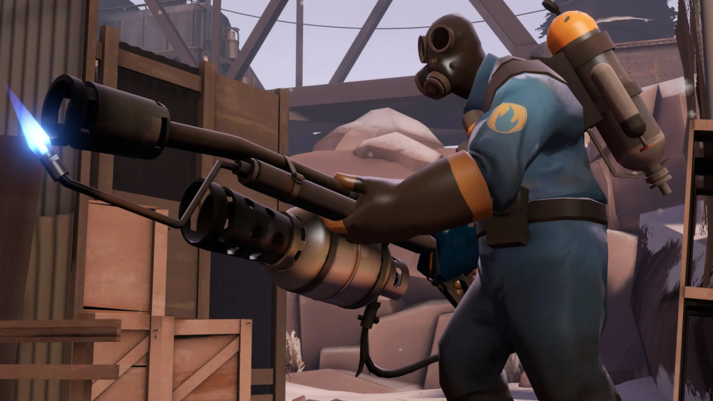 The Pyro from Team Fortress 2 carrying a flamethrower.