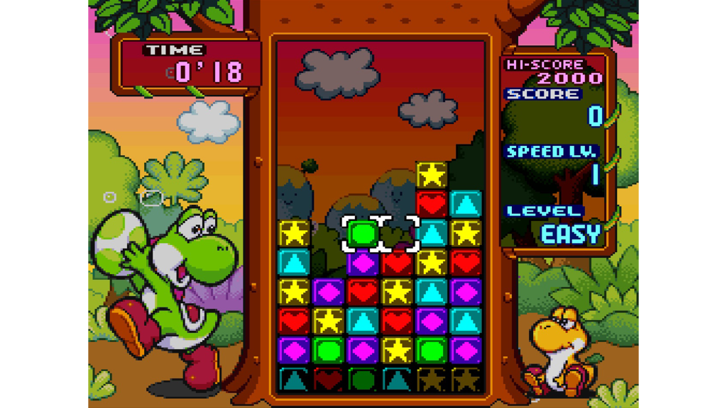 A screenshot from Tetris Attack on the SNES.