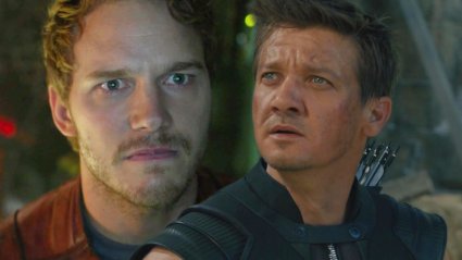Split image of Chris Pratt as Star-Lord and Jeremy Renner as Hawkeye in the MCU