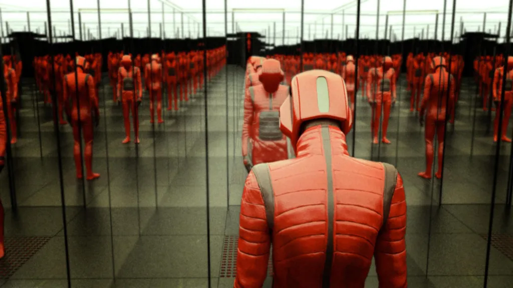 A man in a red suit in front of infinite mirrors in sci-fi movie Beyond the Black Rainbow