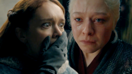 Alicent looking shocked and Rhaenyra crying in House of the Dragon Season 3
