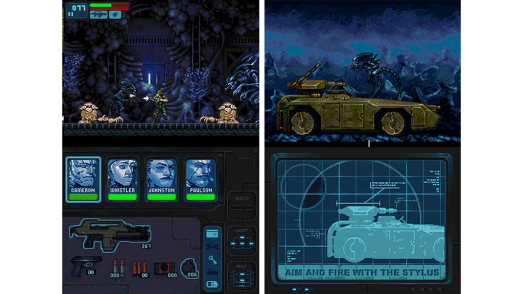 Screenshots from Aliens: Infestation on the Nintendo Dual Screen.