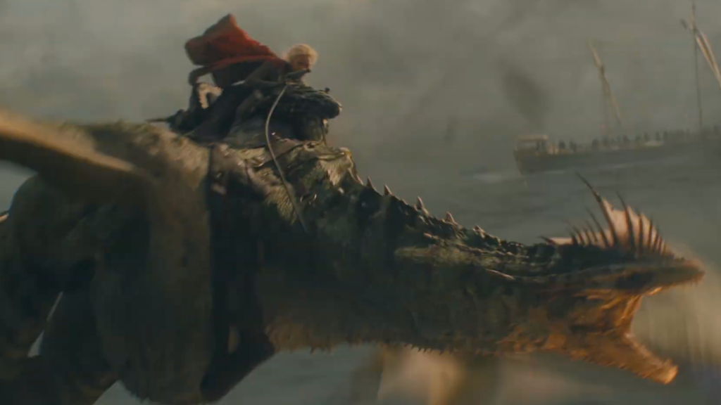 Baela Targaryen on Moondancer at the Battle of the Gullet in House of the Dragon Season 3