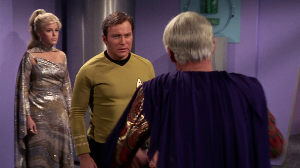 William Shatner as Captain Kirk and Louise Sorel as Rayna in Star Trek "Requiem for Methuselah"