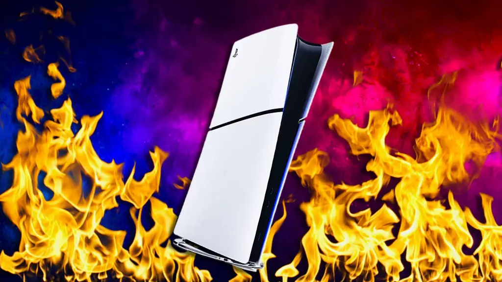 A digital PS5 surrounded by flames in front of a blue and purple background.