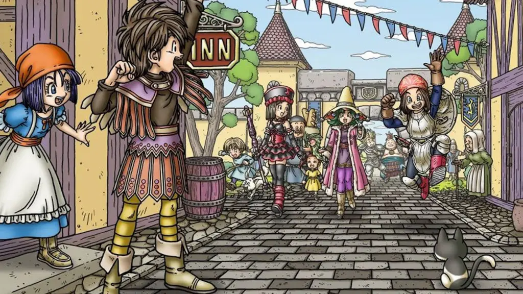Art from Dragon Quest 9: Sentinels of the Starry Skies showcasing the heroes gathering outside of an inn.
