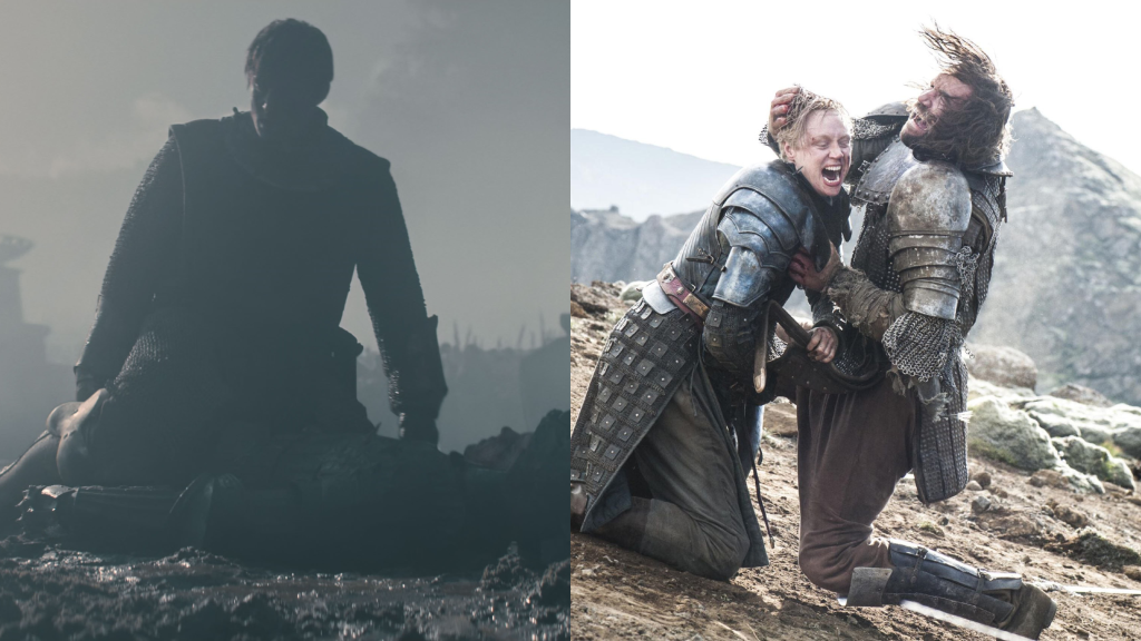 Dunk fighting Aerion Targaryen in A Knight of the Seven Kingdoms and Brienne fighting the Hound in Game of Thrones