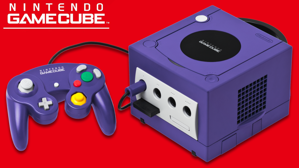 The Nintendo GameCube on a red background.