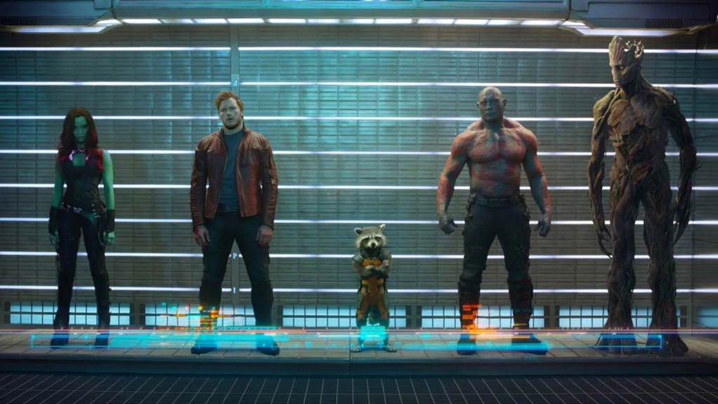Gamora, Starlord, Rocket, Drax, and Groot lined up in Guardians of the Galaxy