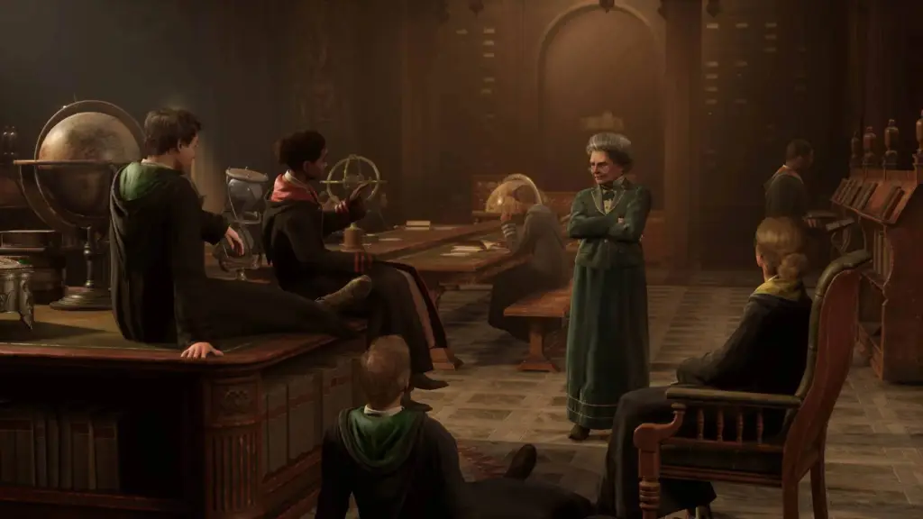 Students listening to a teacher in Hogwarts Legacy.