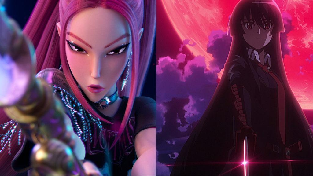 Split image of Mira from KPop Demon Hunters and Akame from Akame ga Kill!