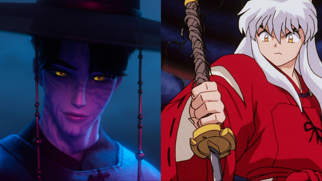 A split image of Jinu in KPop Demon Hunters and Inuyasha
