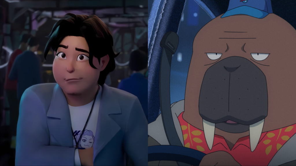 A split image of Bobby from KPop Demon Hunters and Odakawa from Odd Taxi