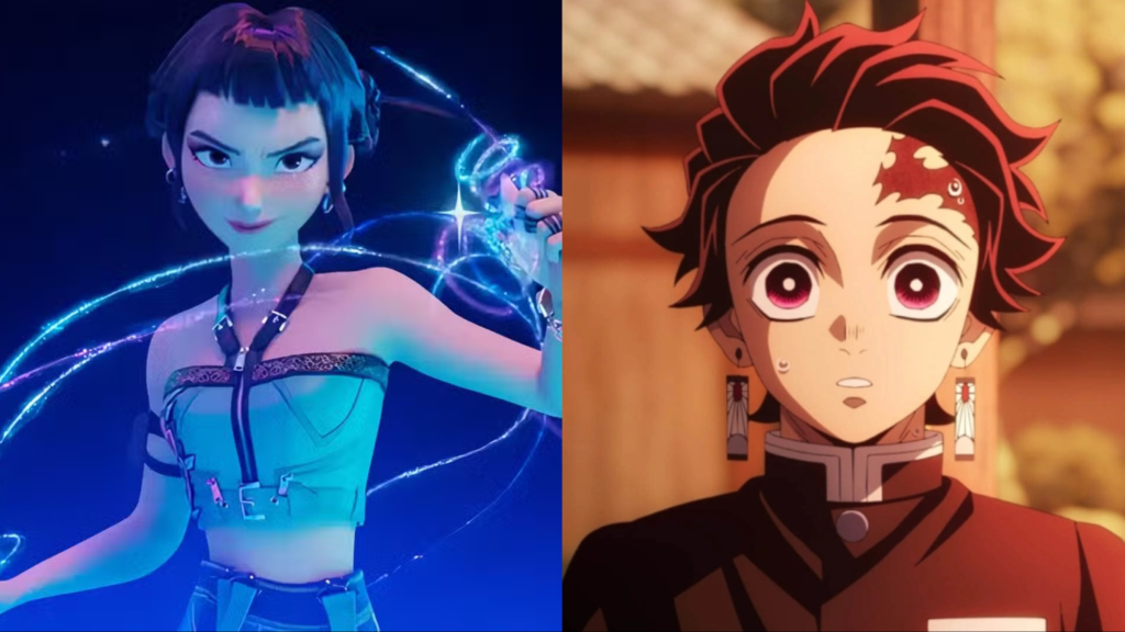 Split image of Zoey in KPop Demon Hunters and Tanjiro in Demon Slayer