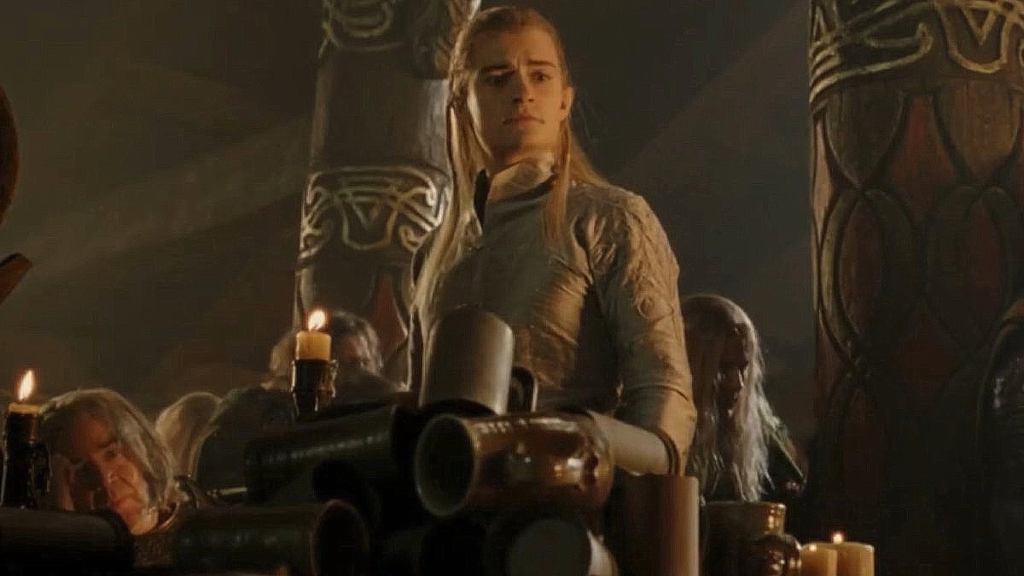 Legolas having a drinking contest with Gimli in The Lord of the Rings: The Return of the King