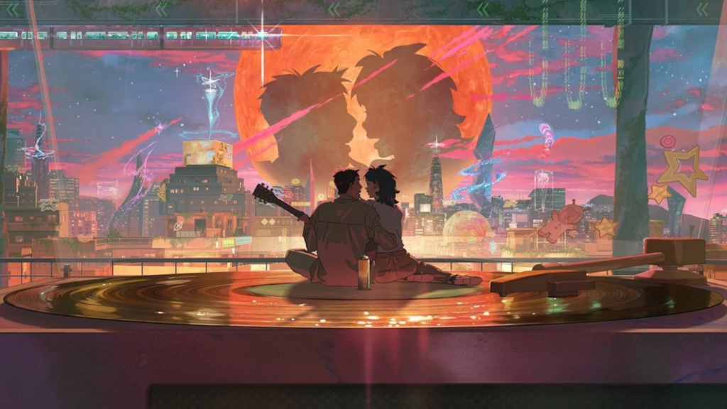 Nan-young and Jay sitting in front of a glass window in Lost in Starlight