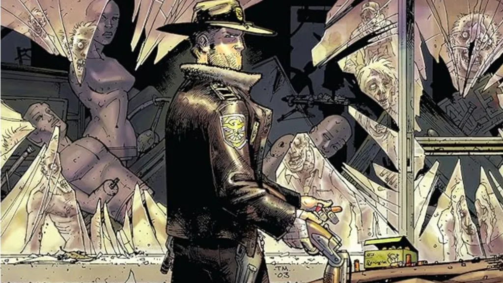 RIck Grimes in his police uniforms with broken glass behind him