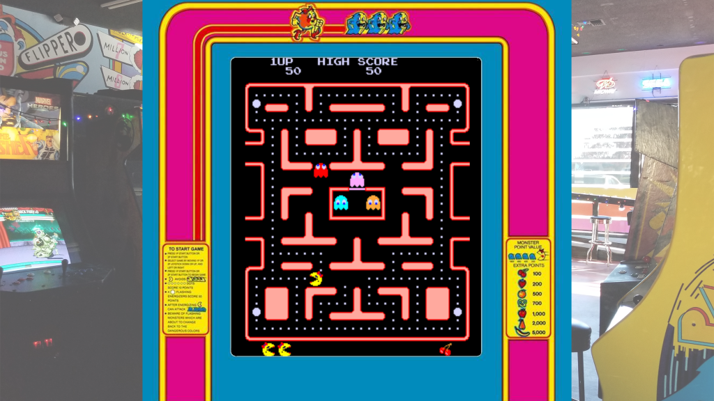 A screenshot from Ms. Pac-Man with arcade art bezel over a picture of Retrovolt Arcade.